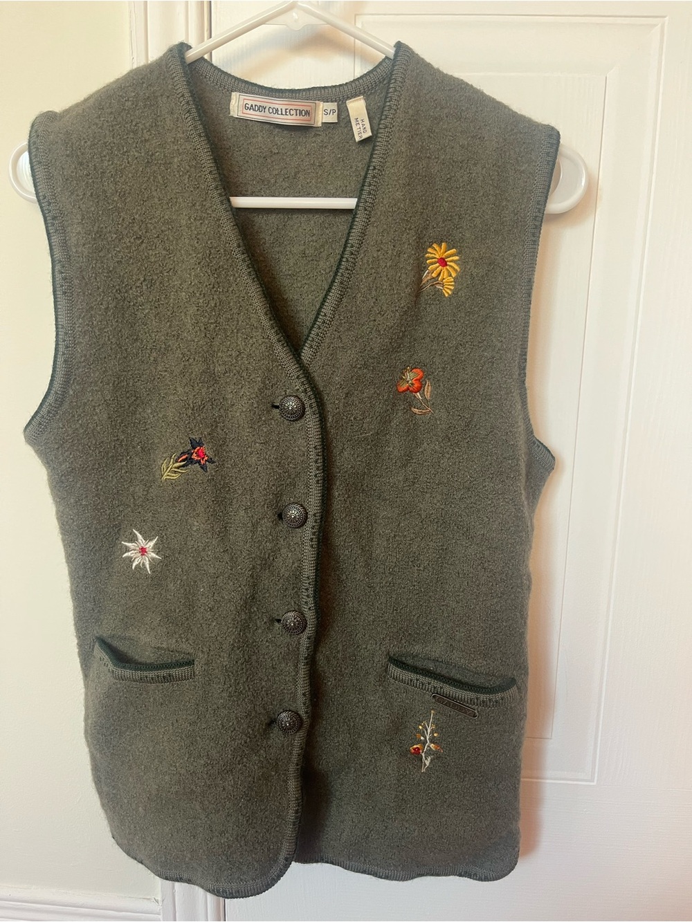 Women's Vintage Olive Green Embroidered Button Vest